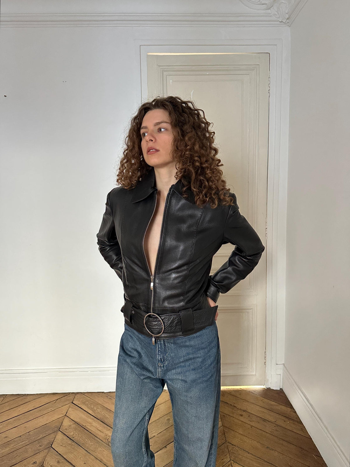 Vintage Genuine Leather Belted Jacket in Black with Ring Buckle