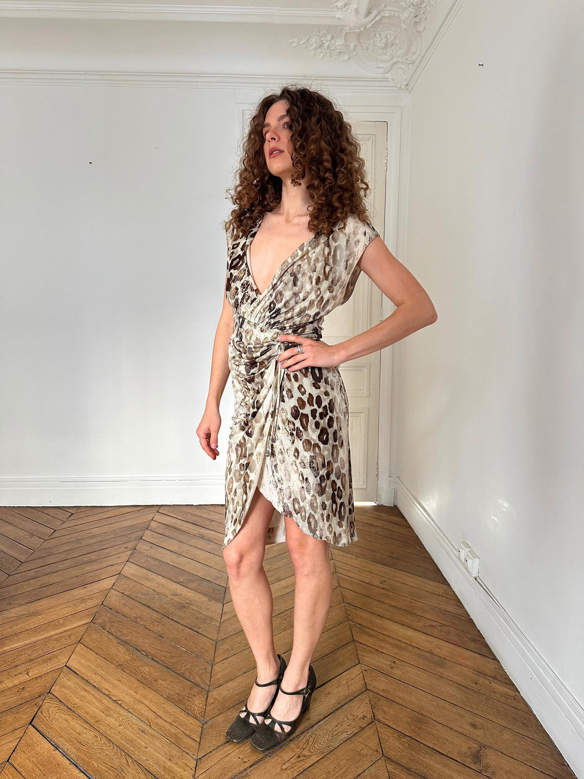 Vintage Roberto Cavalli Leopard Print Wrap Dress in Beige