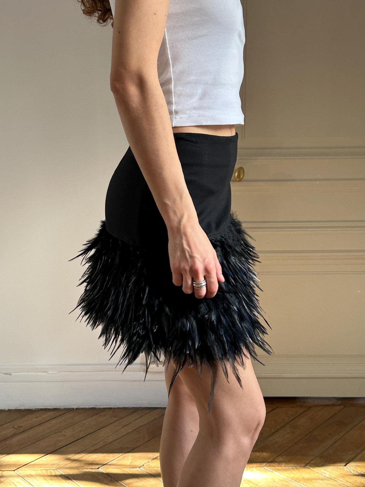 Vintage Black Feather Mini Skirt with Faux Feathers
