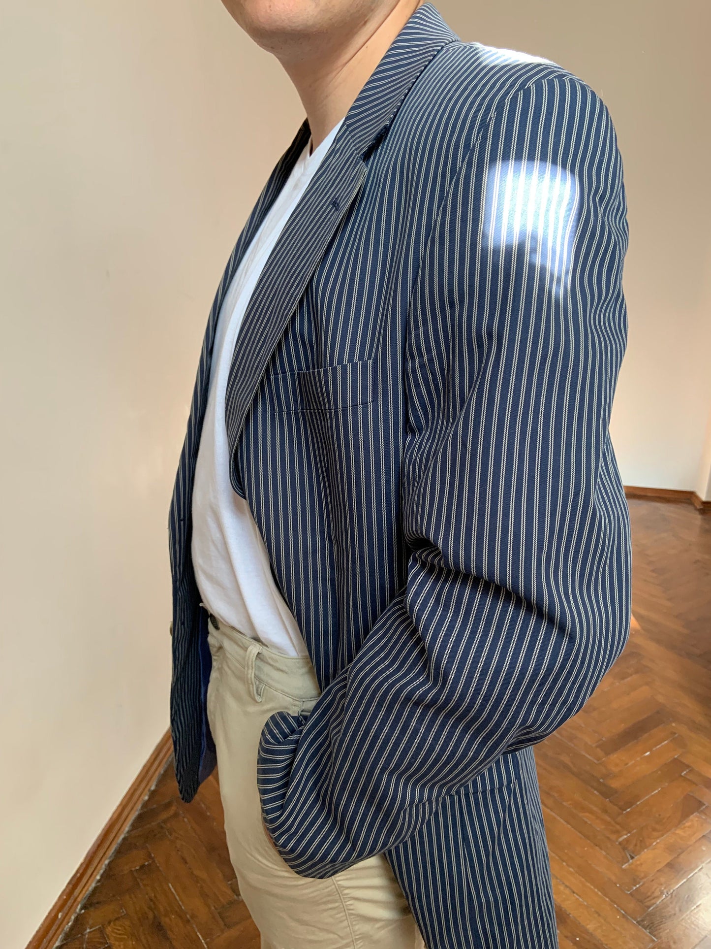 Vintage 90s Men's striped blazer, navy sport coat, size M