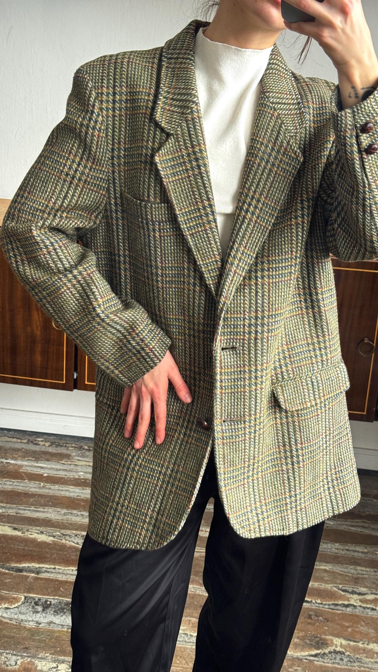 Vintage 90s Wool Classic Checked Blazer In Green