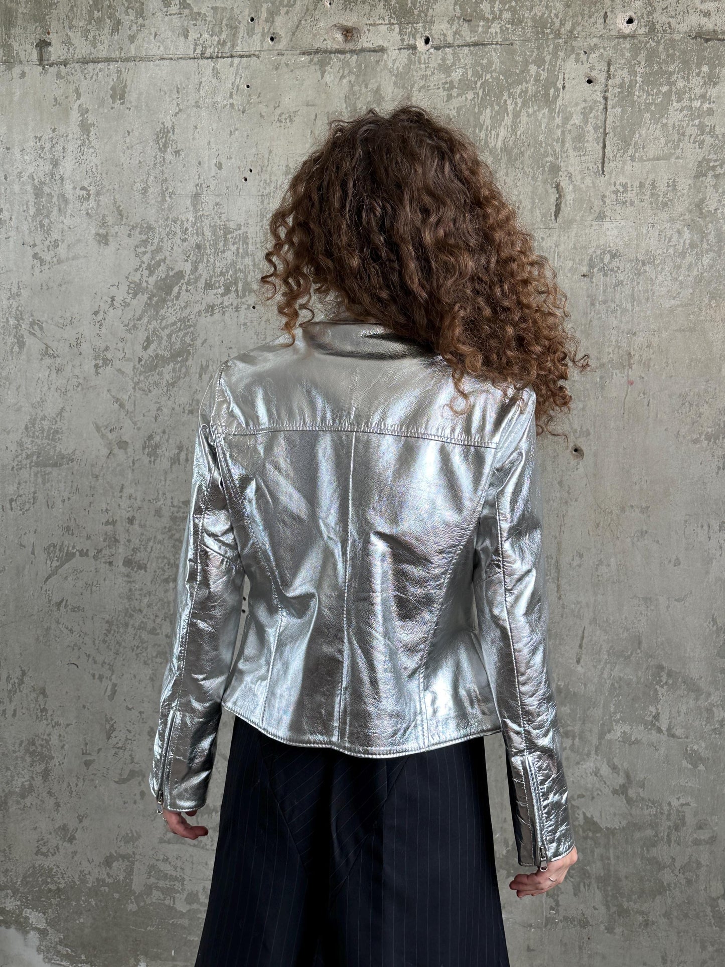 Vintage Y2K Silver Metallic Leather Jacket | Moto Racer Zip Jacket