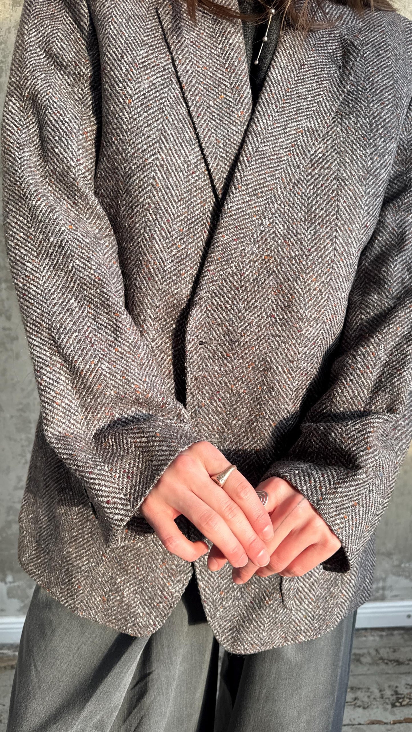 Vintage 90s Classic Herringbone Wool Blazer In Grey