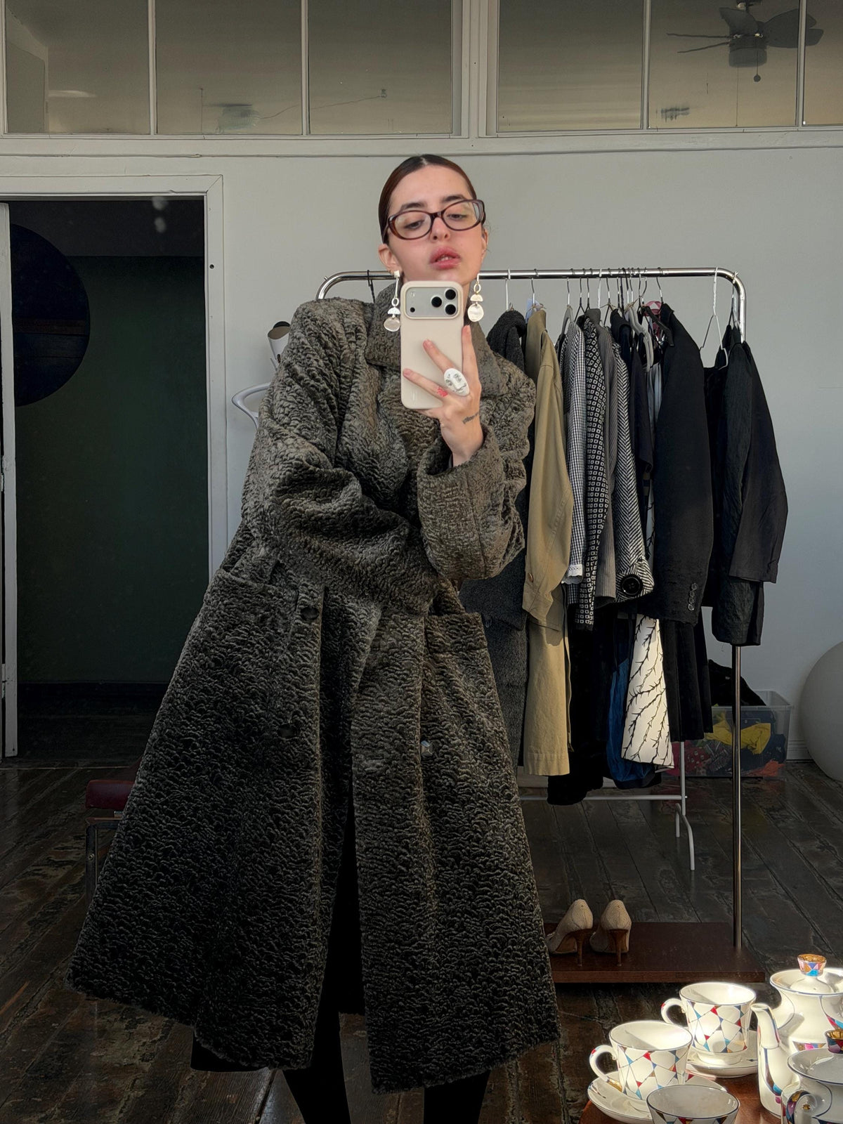 Vintage 80s Astrakhan Long Winter Coat in Grey