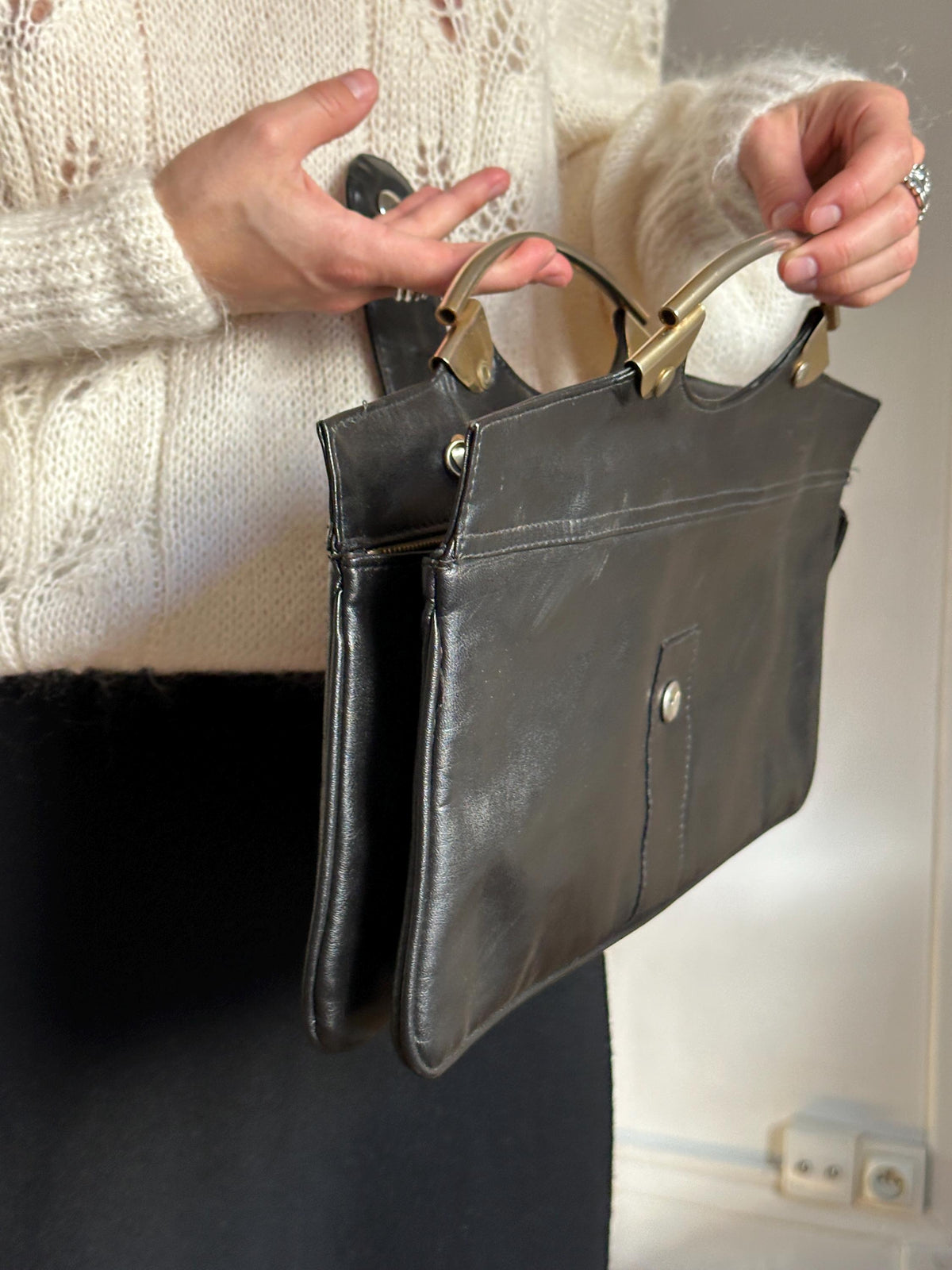Vintage 90s Soft Black Leather Metal Hardware Handbag