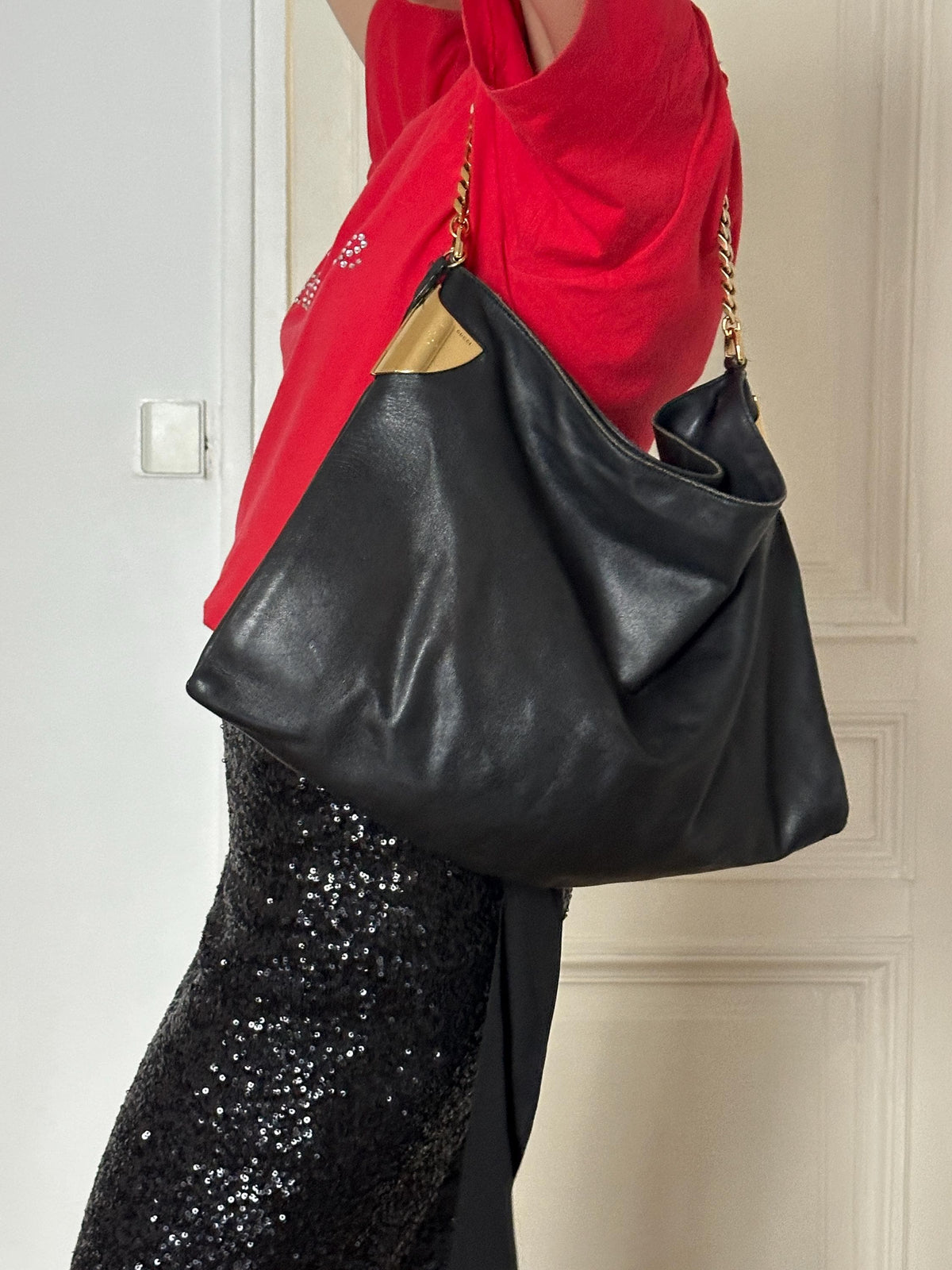Vintage Gucci 1970 Black Leather Hobo Shoulder Bag