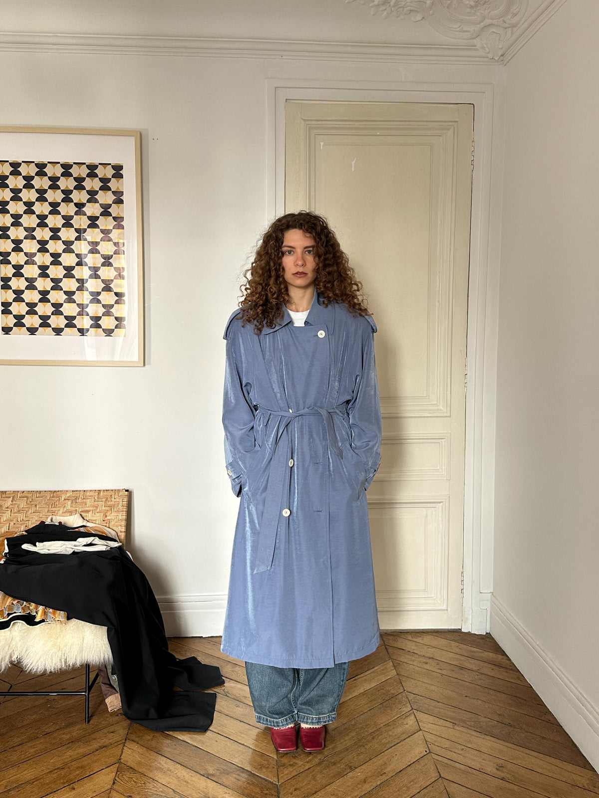 Vintage Cloudy Blue Long Trench Coat
