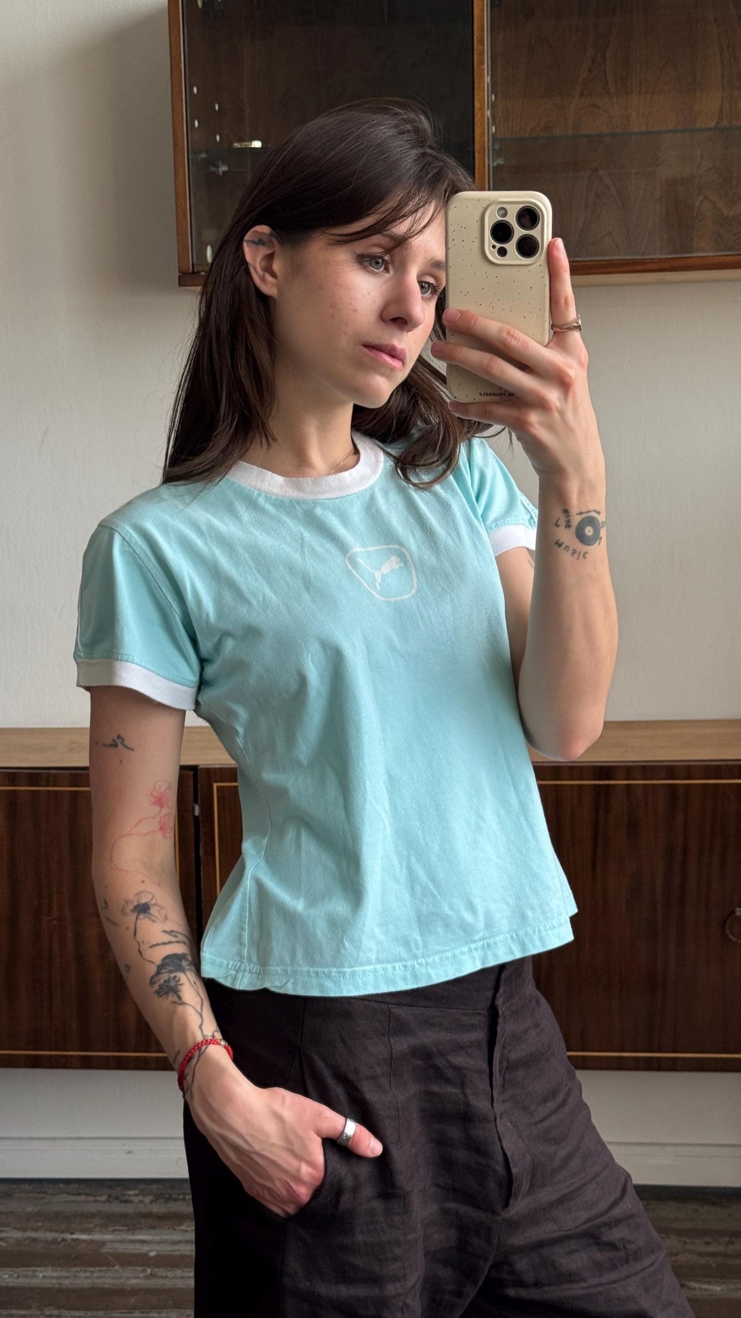 Vintage PUMA micro t-shirt in baby blue with logo