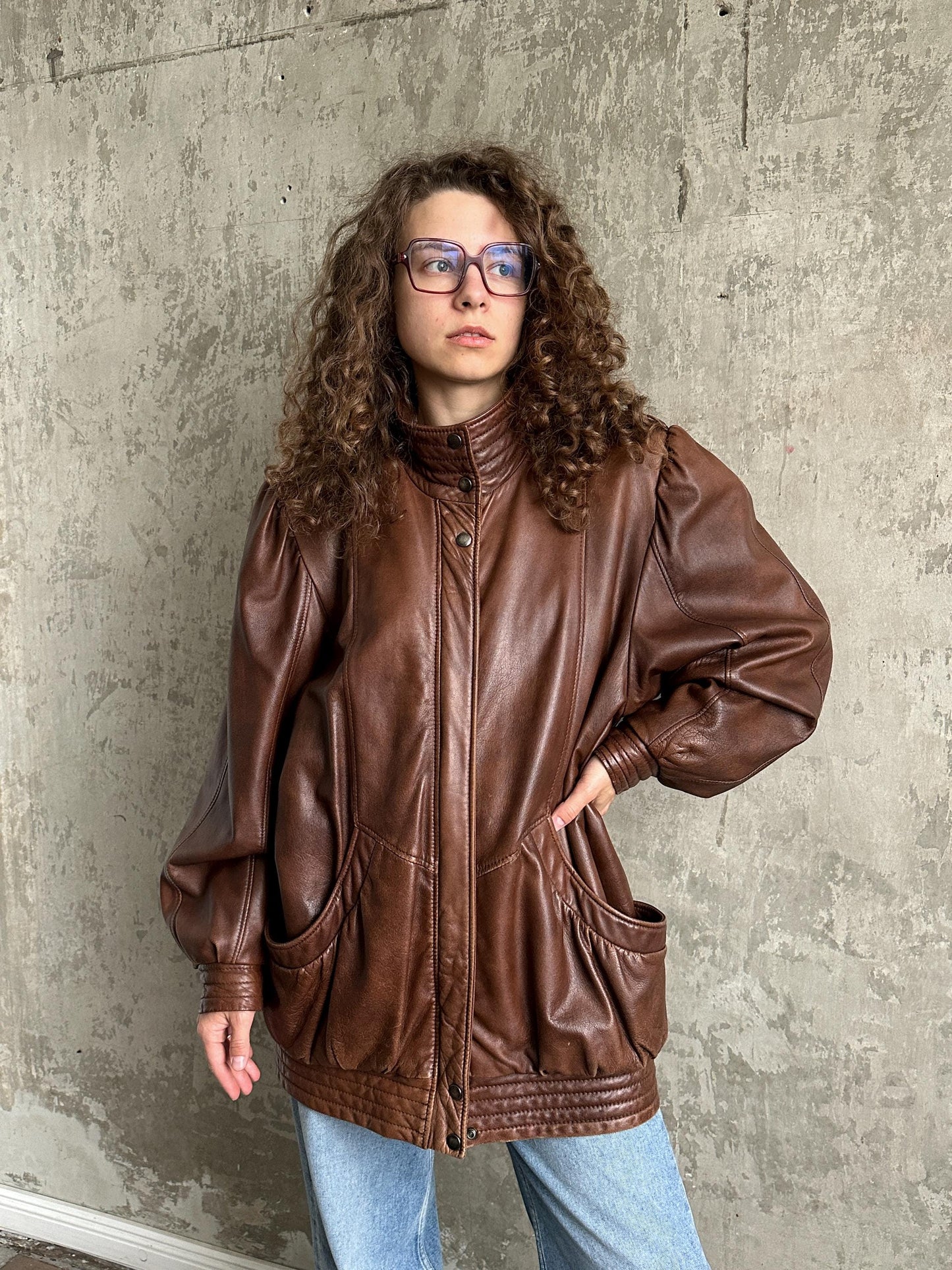 Vintage 80s button up leather jacket in brown