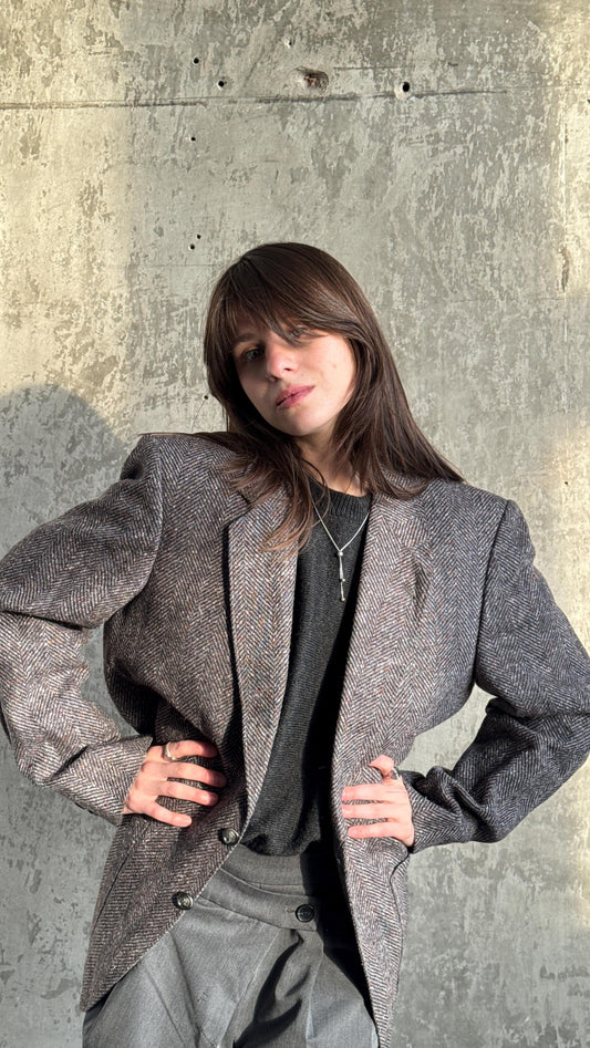 Vintage 90s Classic Herringbone Wool Blazer In Grey