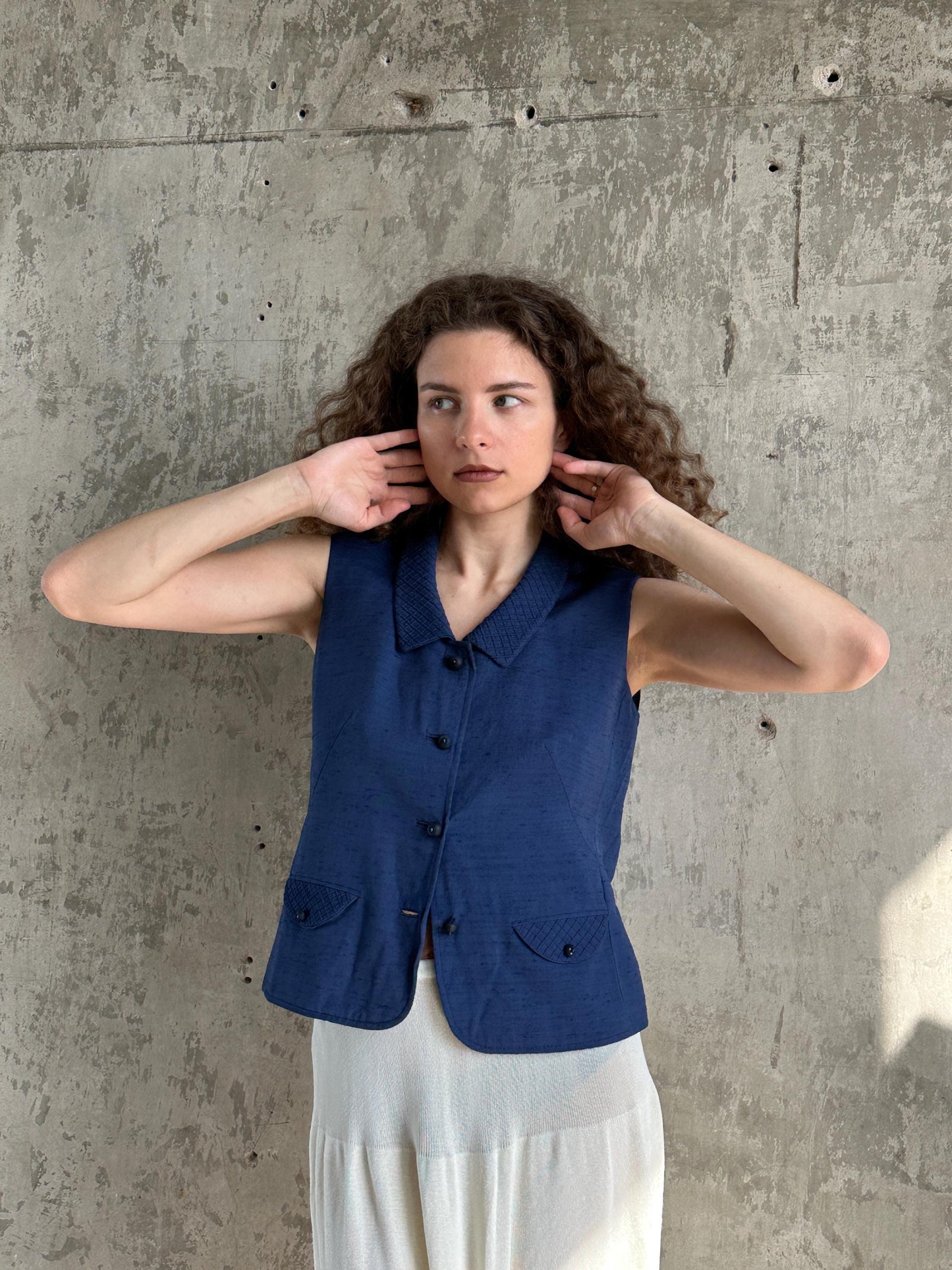 Vintage Italian Blue Linen Waistcoat Vest