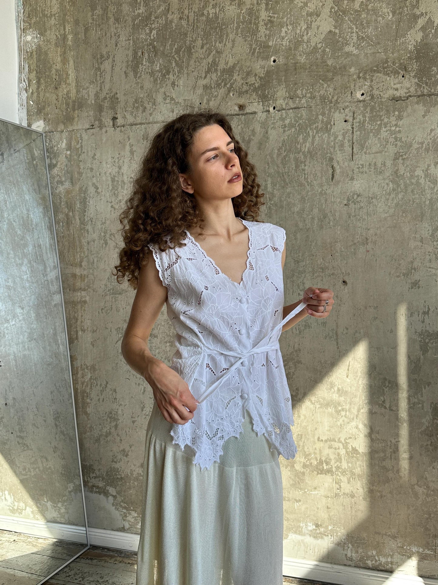 Vintage White Cotton Cutwork Floral Lace Top