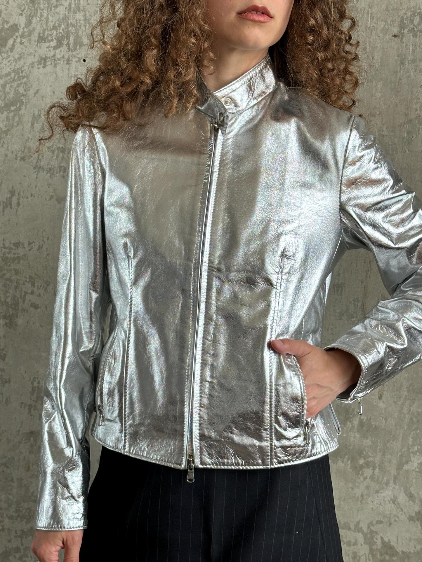 Vintage Y2K Silver Metallic Leather Jacket | Moto Racer Zip Jacket