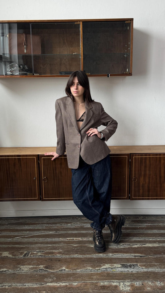 Vintage 90s Brown Checked Wool Blazer