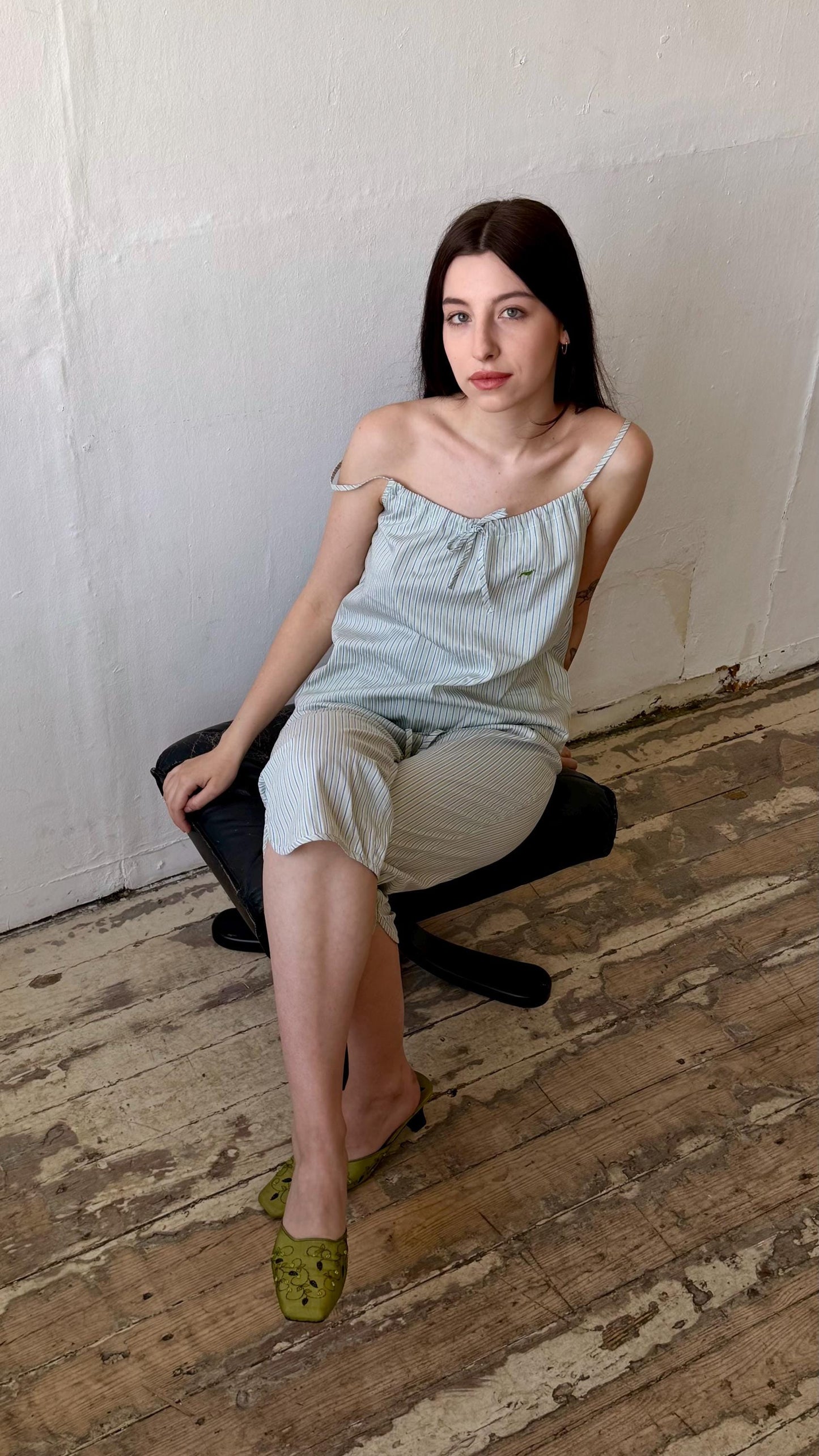 Vintage 90s striped pajama cotton top and trousers set in white