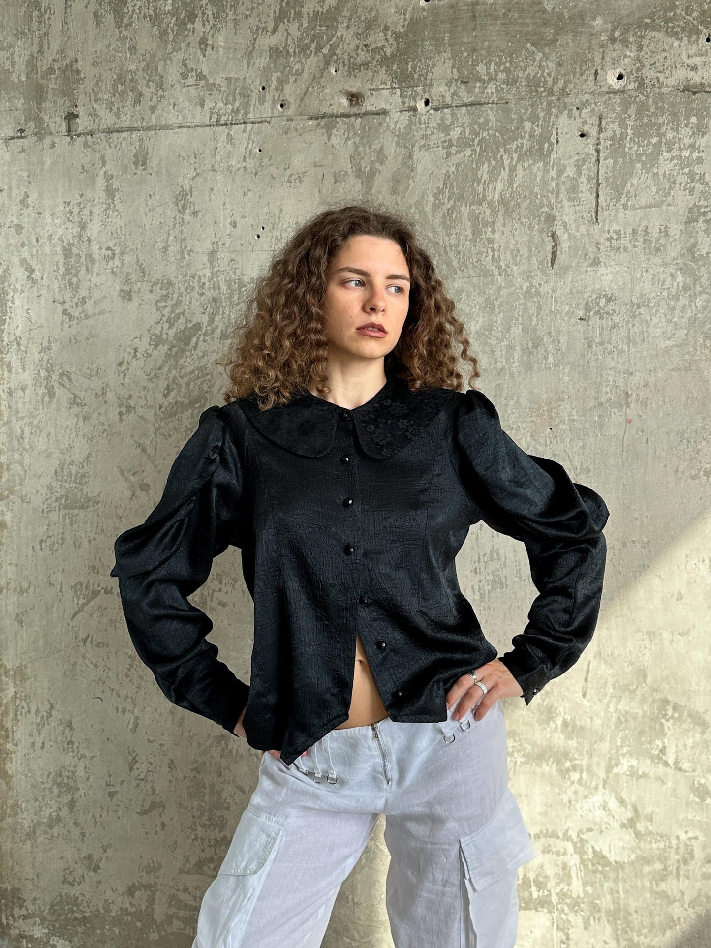 Vintage Black Puff Sleeve Romantic Draped Blouse