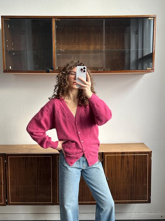 Vintage Angora Wool Embroidered Cardigan In Pink