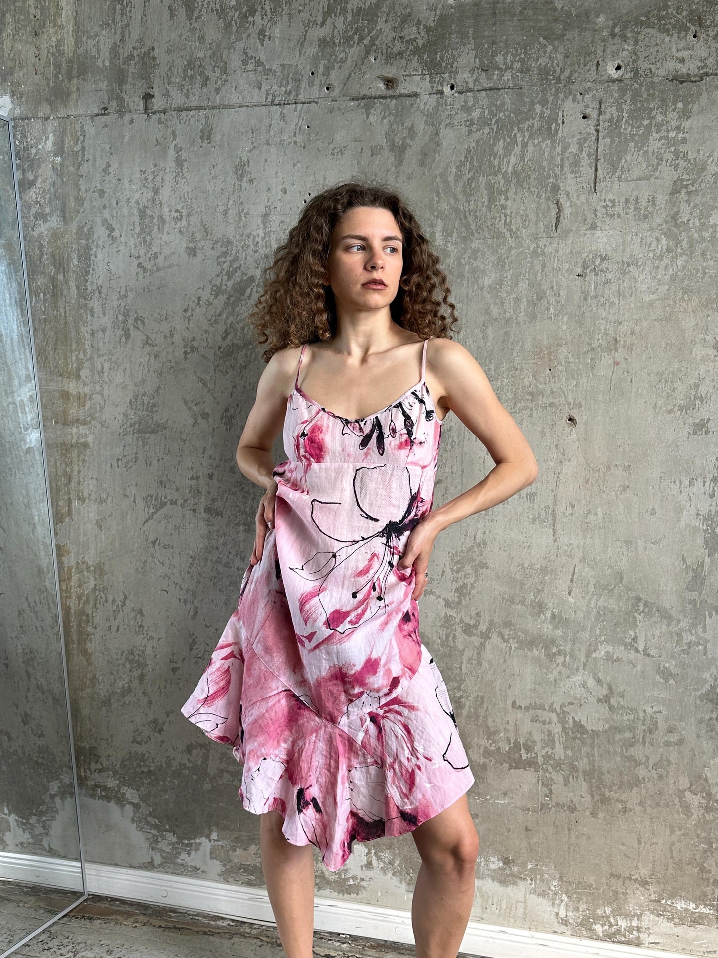 Vintage Floral Slip Linen Dress in Pink