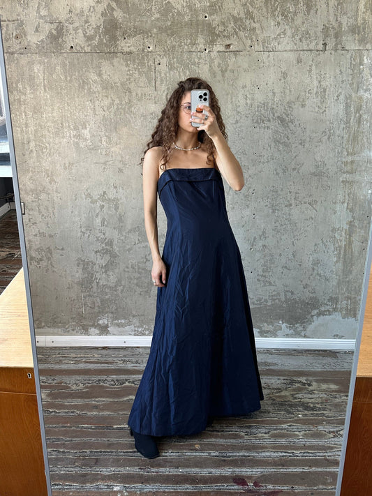 Vintage maxi dress in blue, sleeveless dress, prom satin dress