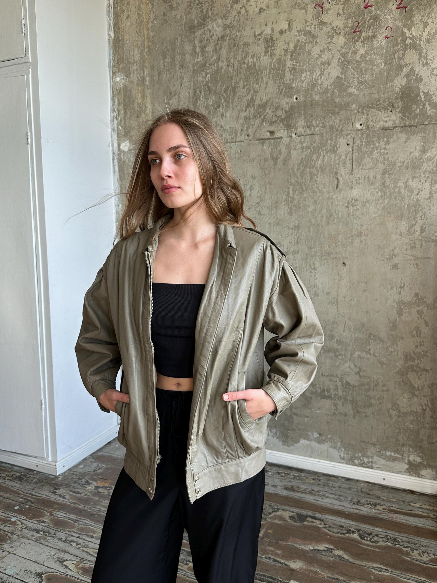 Vintage Oversized Leather Grey Bomber Jacket