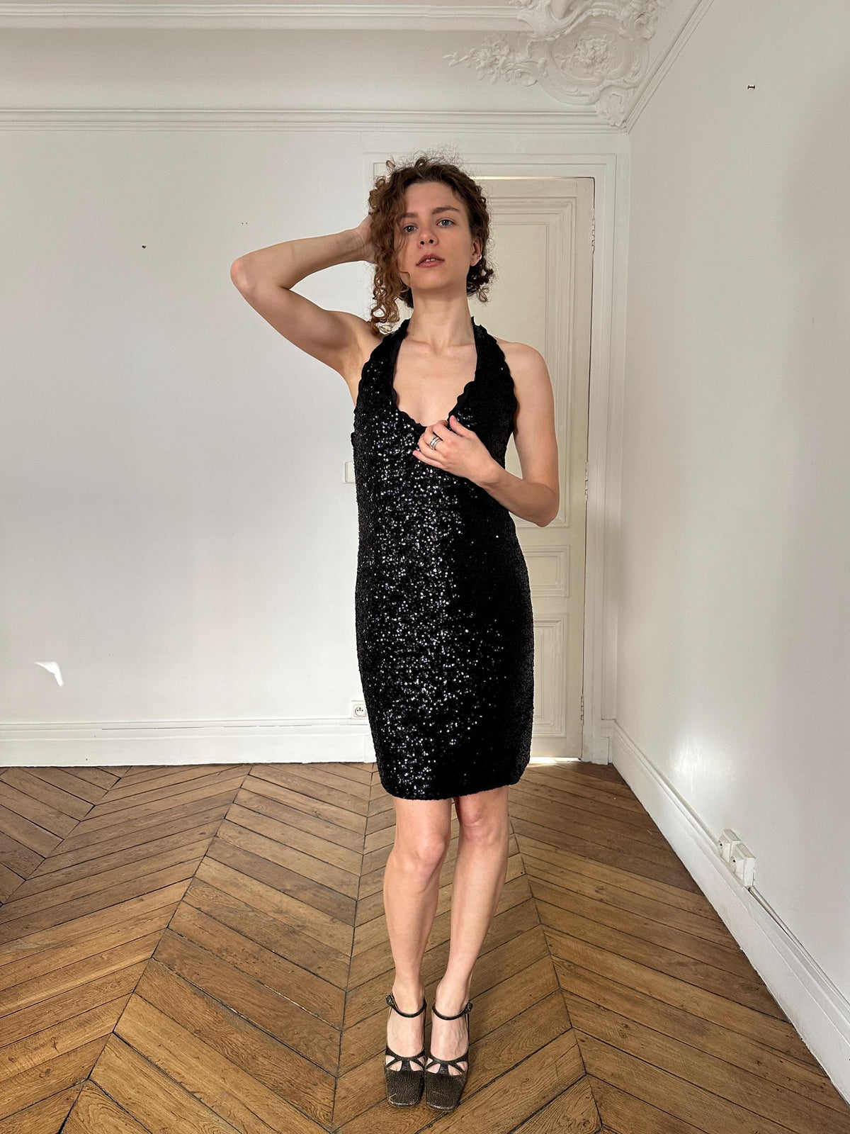 Vintage Moschino Cheap and Chic Black Sequin Open Back Party Dress I US 6