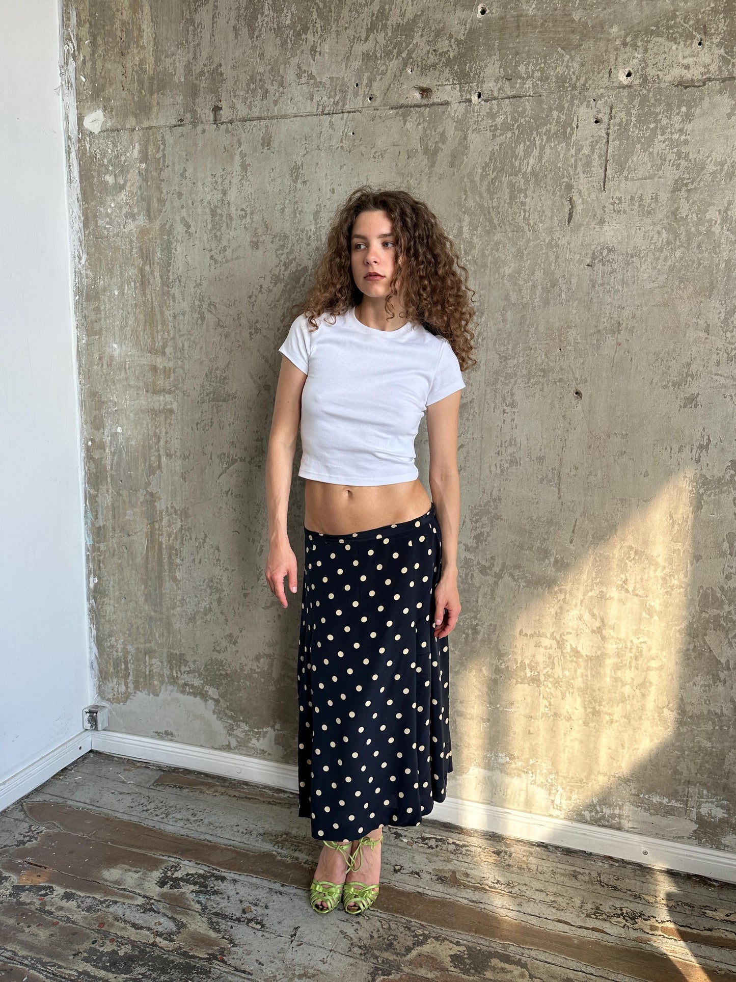Vintage 90s Italian Silk Polka Dot Maxi Skirt in Black and White