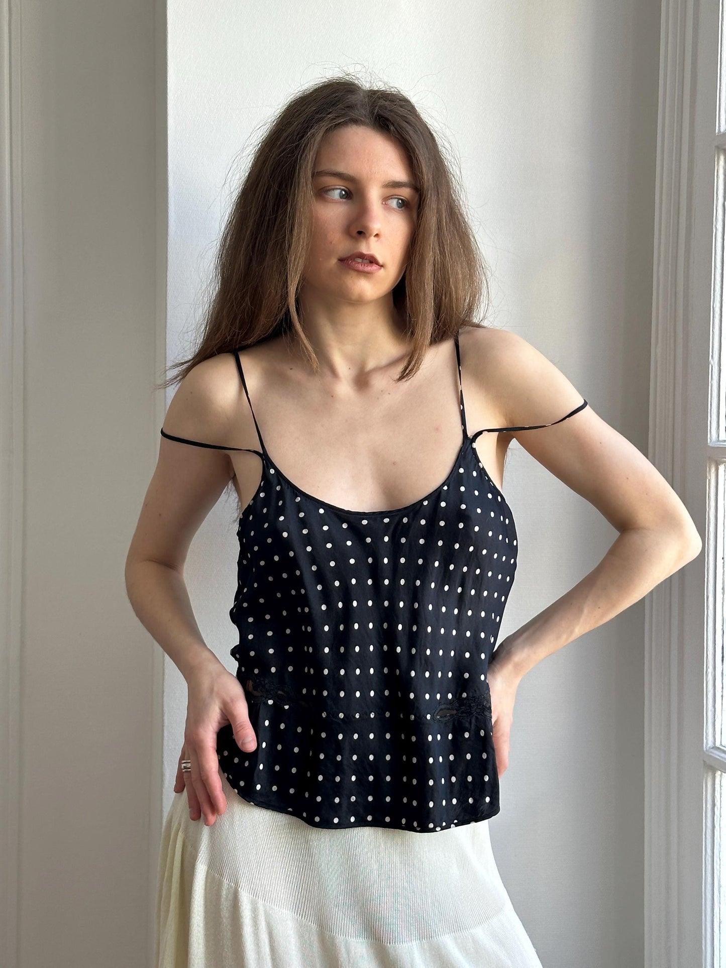 Vintage Pure Silk Polka Dot Nightie Top in Black