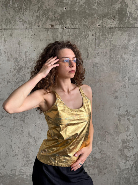 Vintage Just Cavalli Gold Metallic Tank Top, Y2K Italian Designer Clubwear Camisole