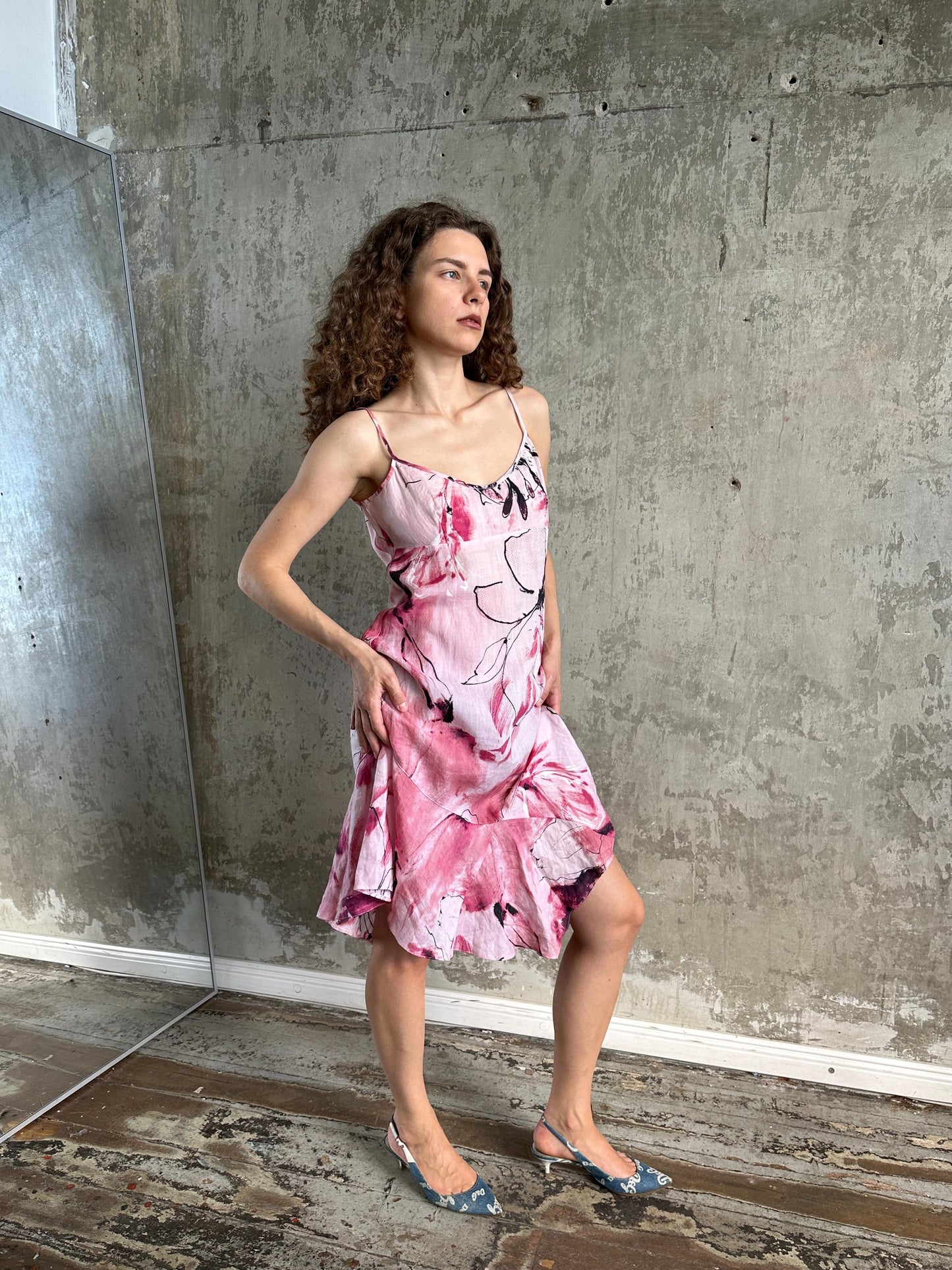 Vintage Floral Slip Linen Dress in Pink