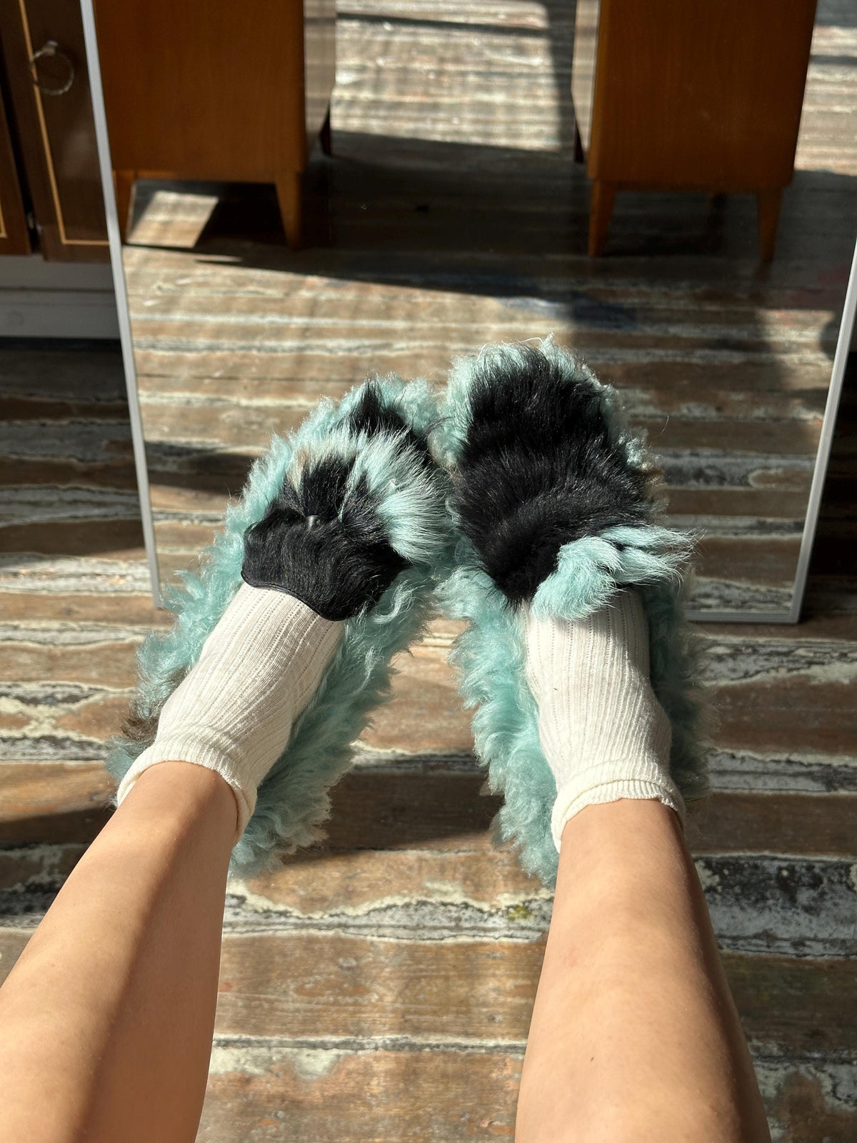 Vintage Prada Milano Shearling Fur Slipper | Mint Green & Black Furry Slides | US 6