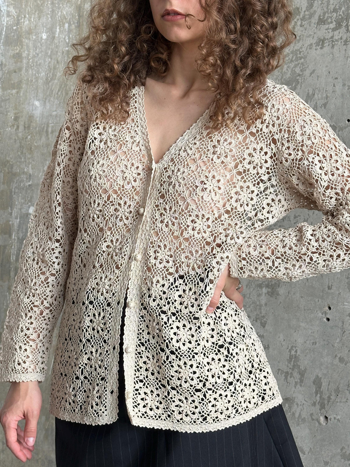 Vintage 90s Crochet Cardigan In Beige
