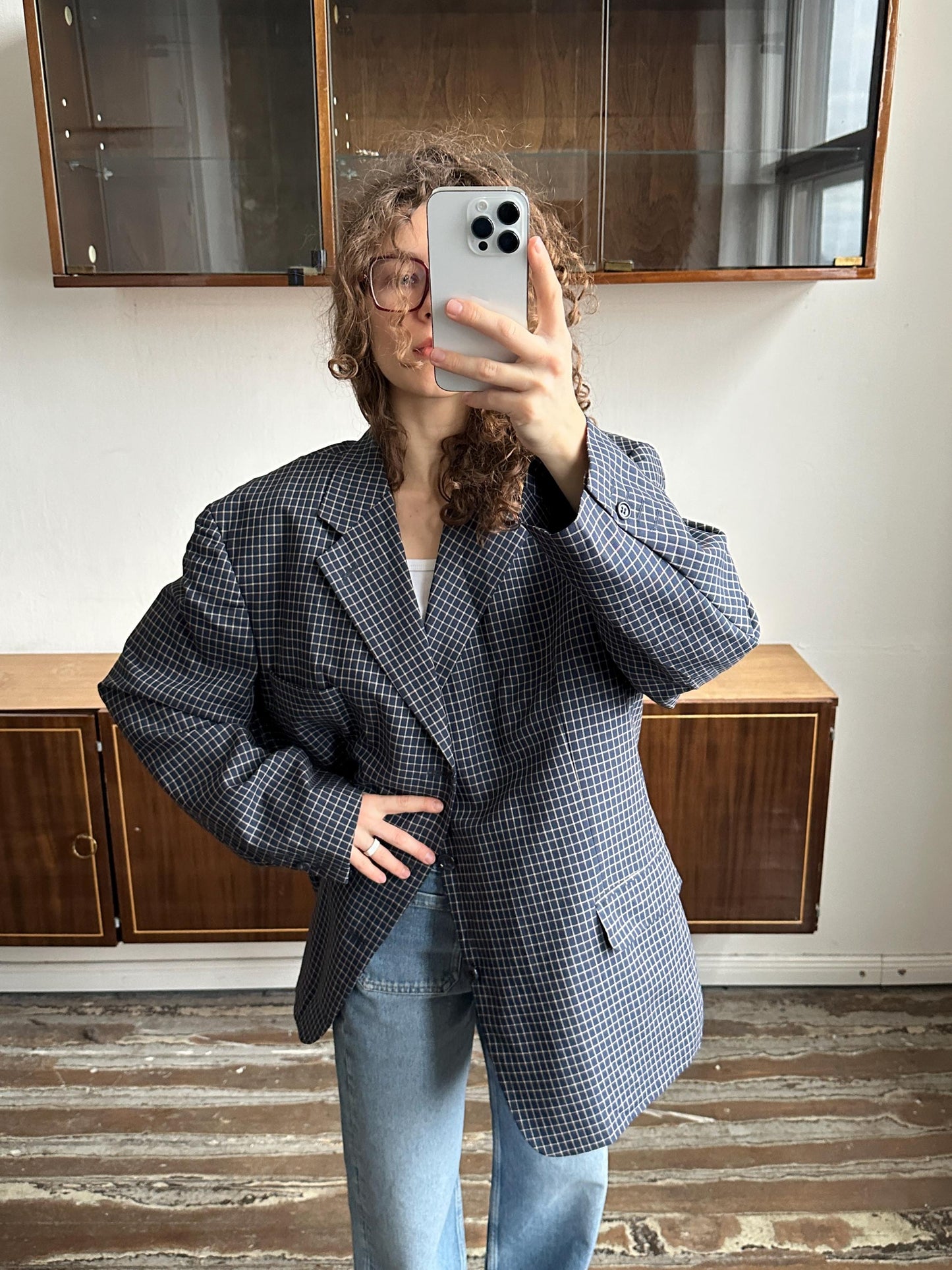 Vintage 90s oversized blazer in blue with a white checkered pattern