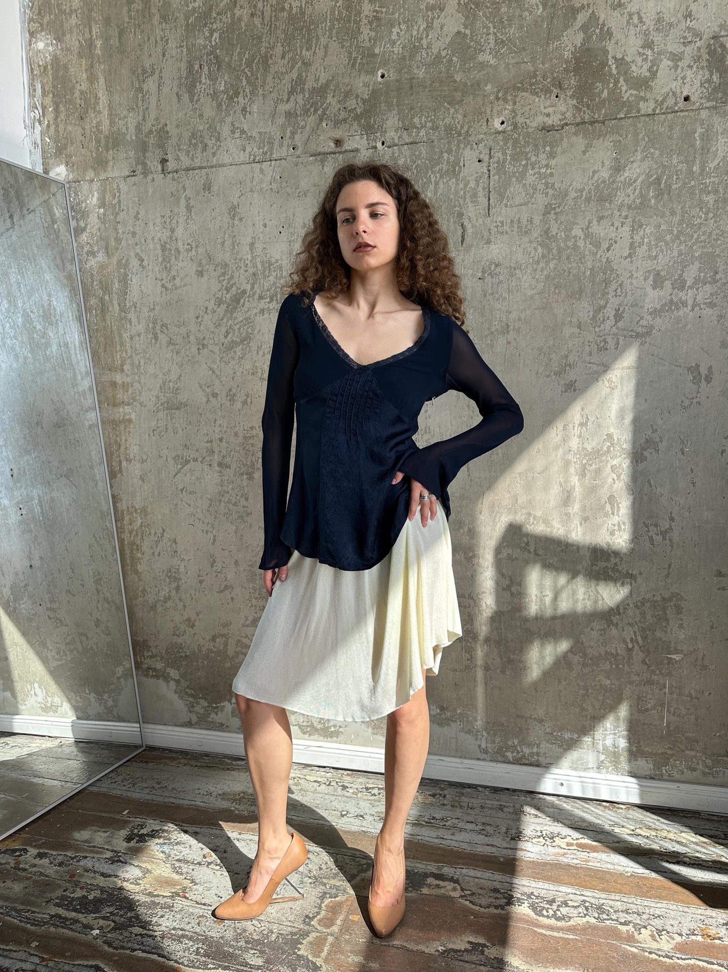 Vintage Navy Blue Sheer Lace Top
