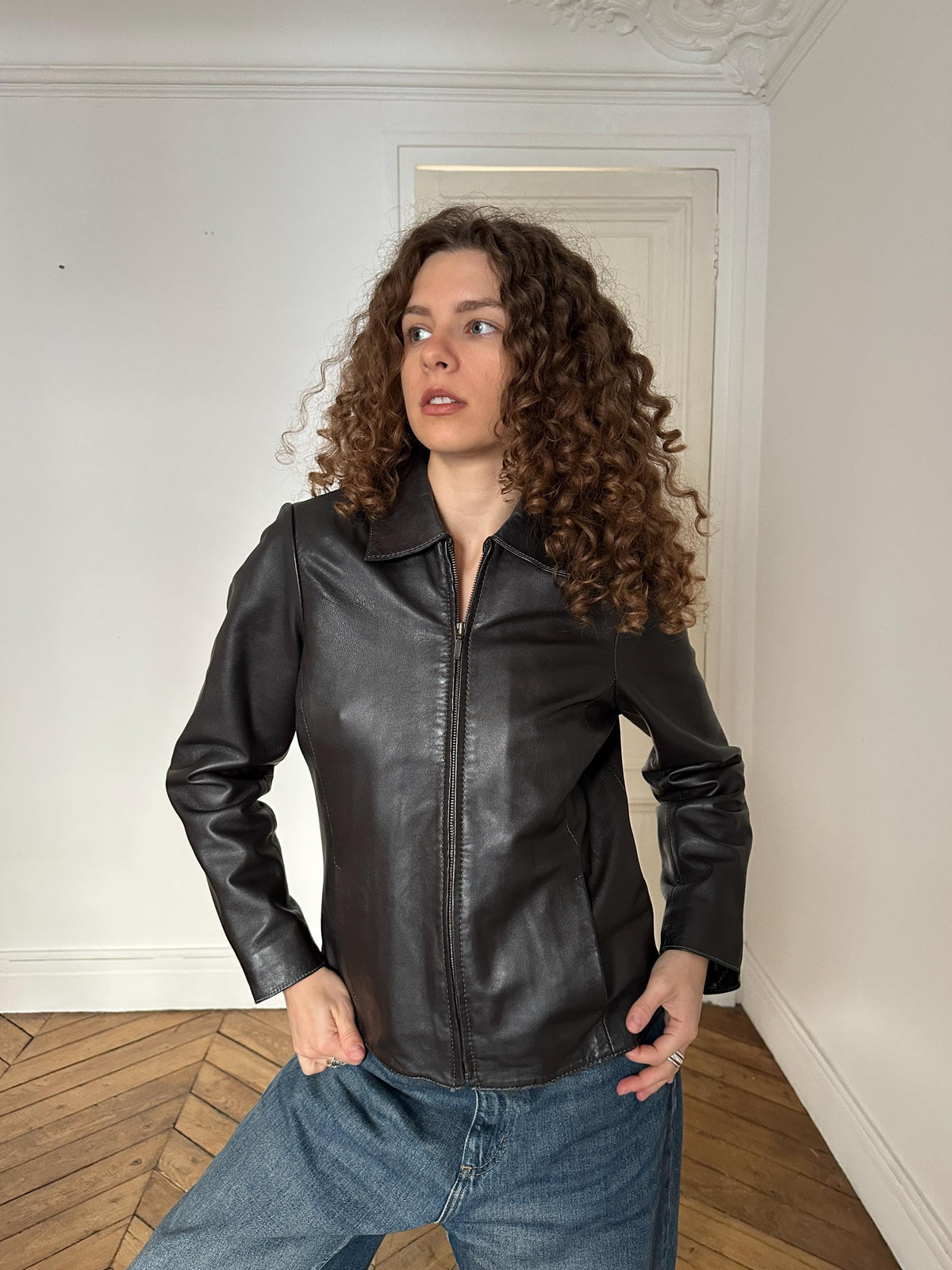 Vintage 90s Dark Brown Zip Boxy Leather Jacket