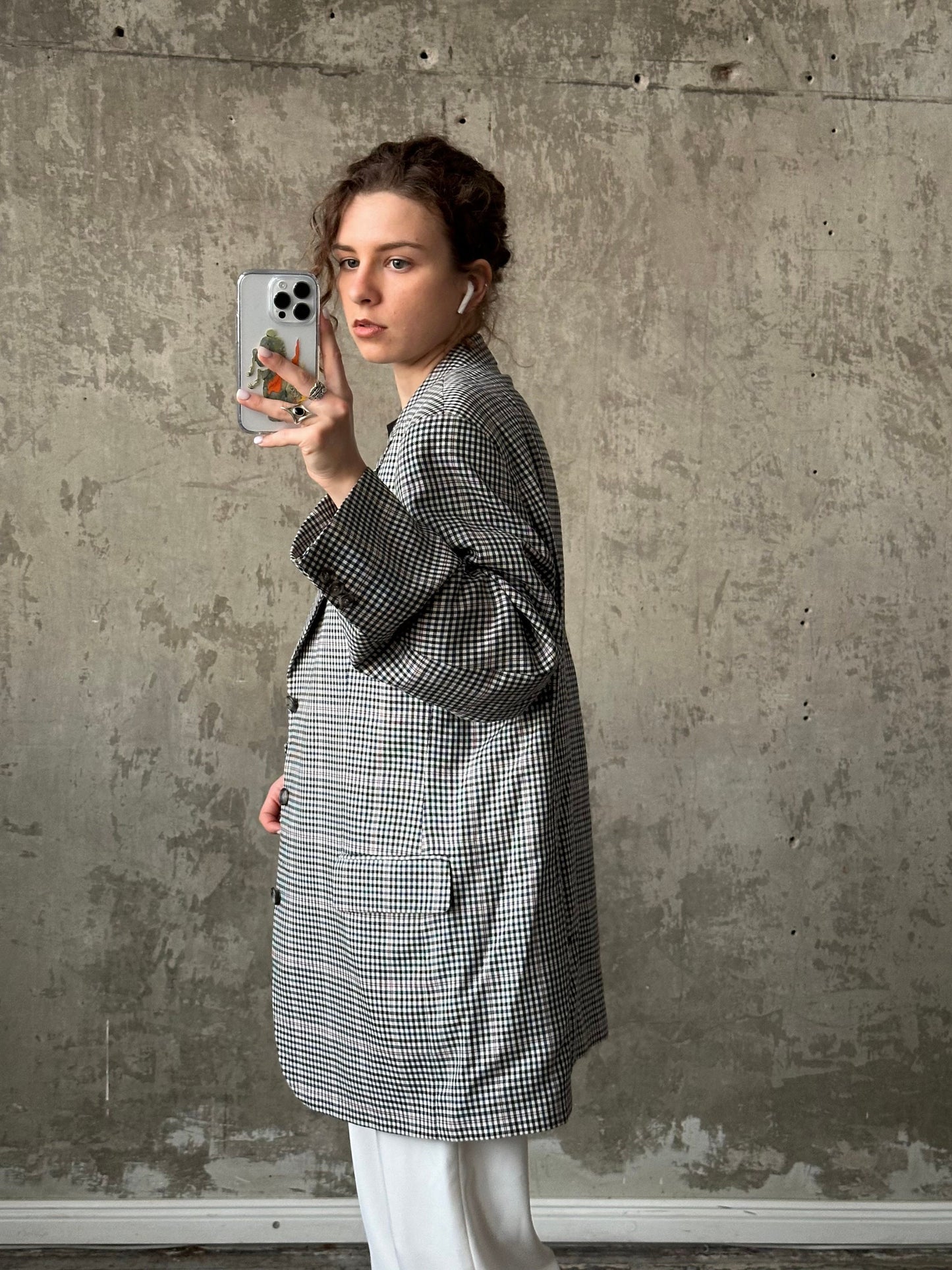 Vintage boyfriend check blazer in black and white, wool blazer