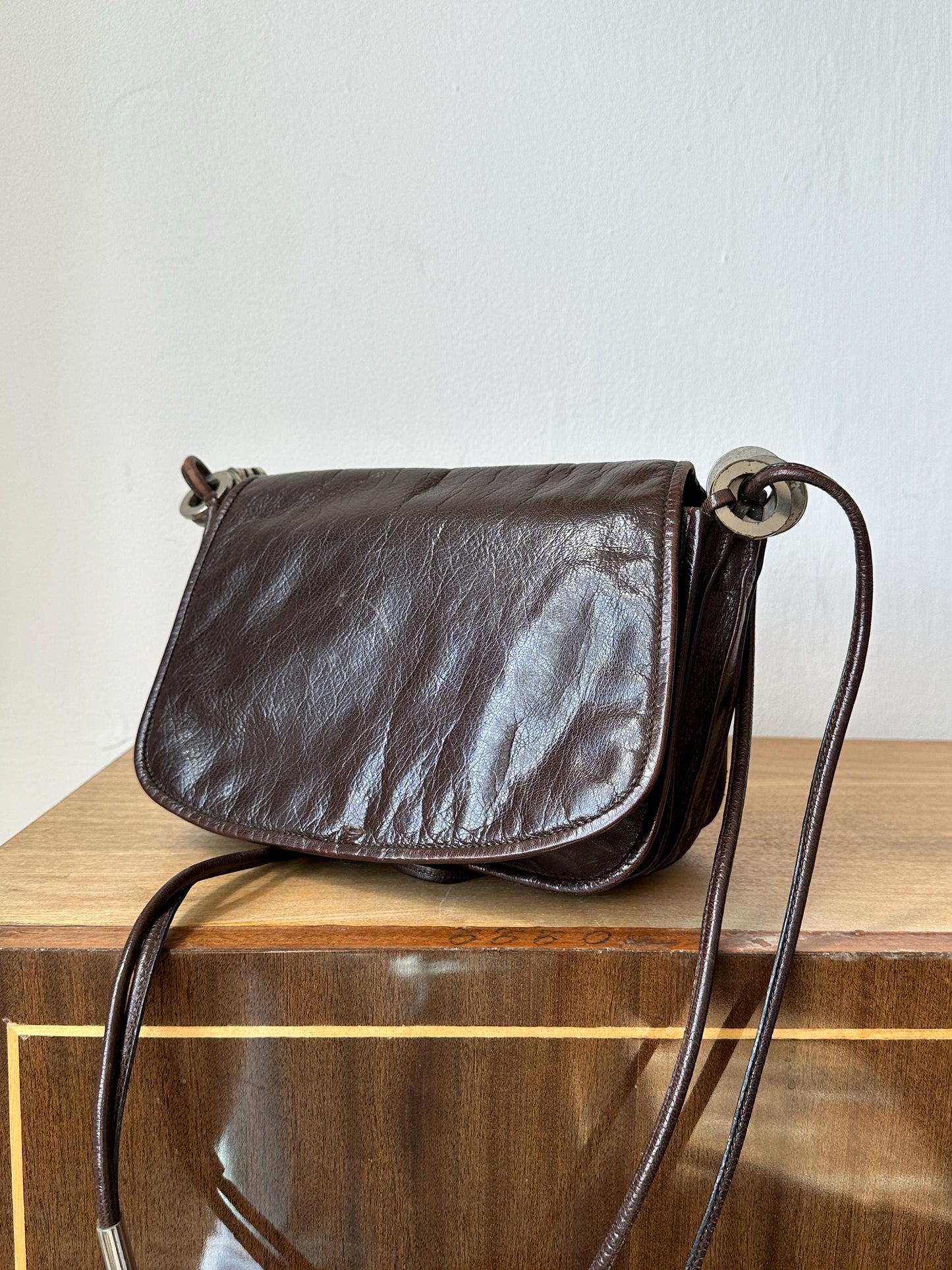 Vintage Dark Brown Leather Crossbody Saddle Bag