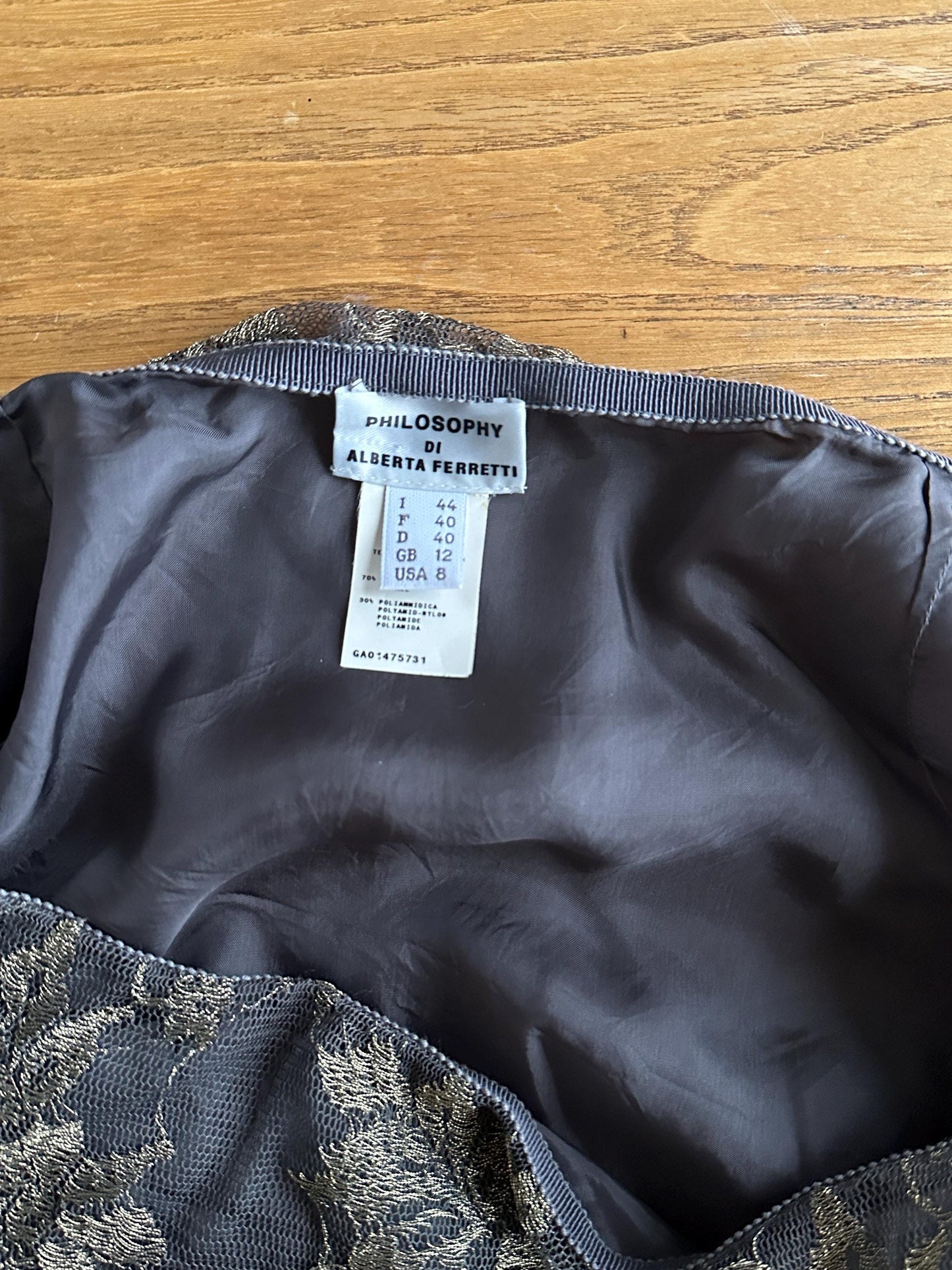 Vintage Philosophy di Alberta Ferretti Metallic Lace Skirt in Grey