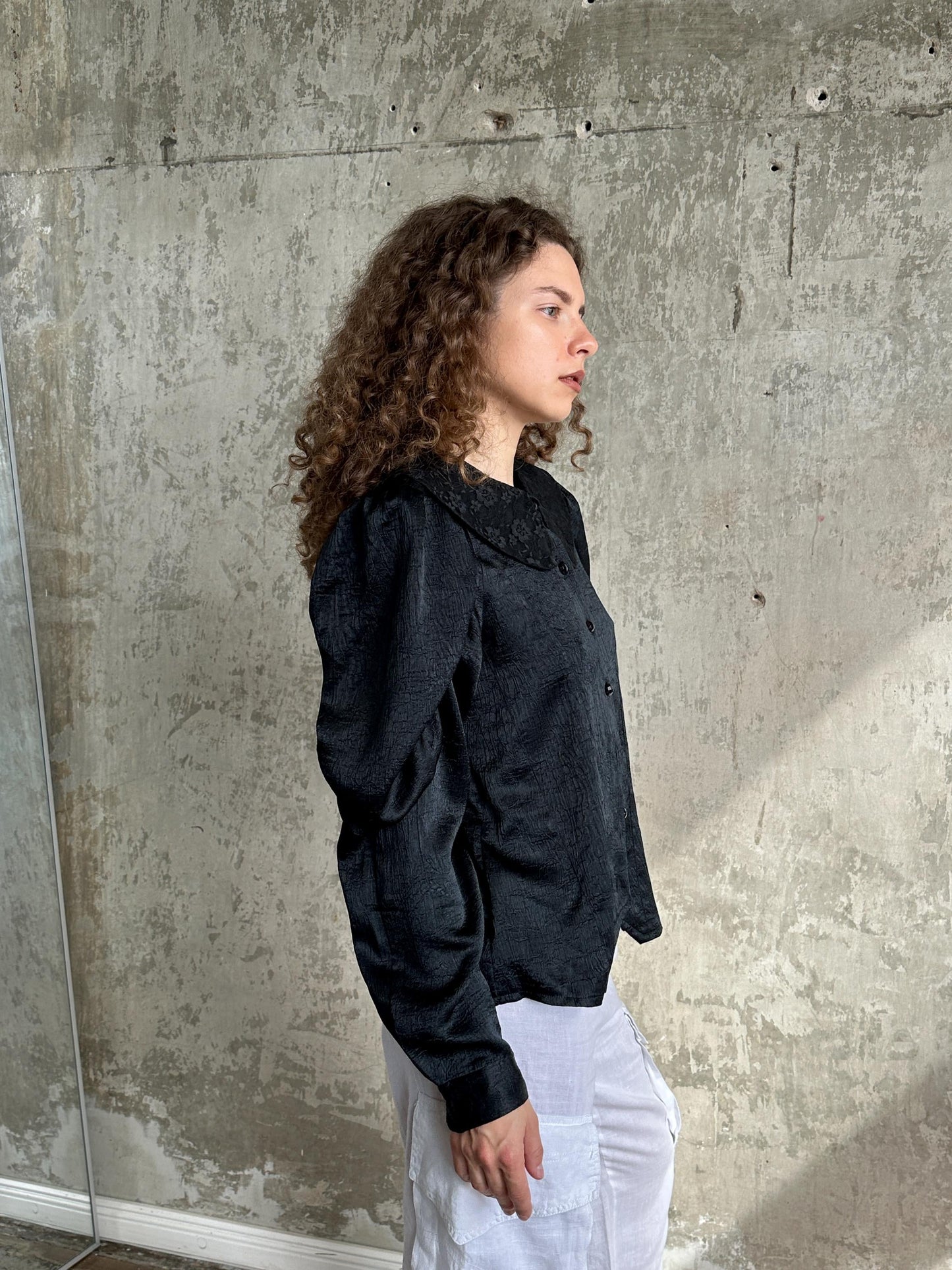Vintage Black Puff Sleeve Romantic Draped Blouse