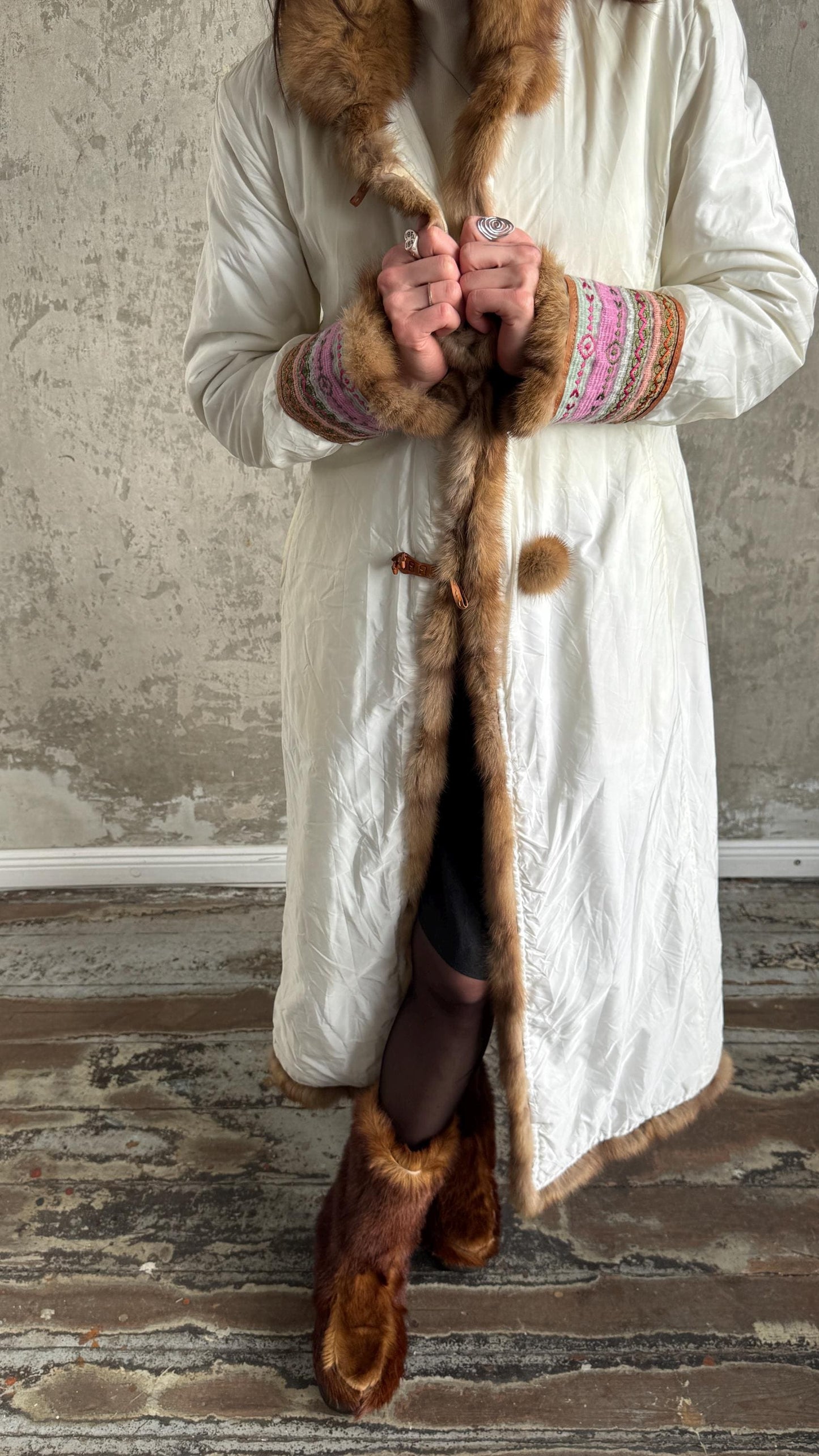 Vintage Ermanno Scervino Ivory Puffer Coat with Fur Trim
