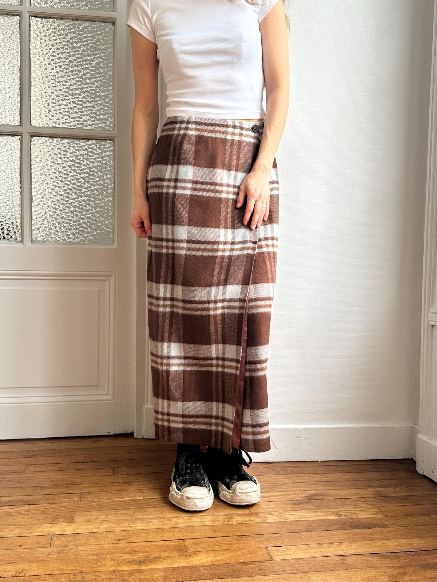Vintage Plaid Wool Maxi Skirt in Brown
