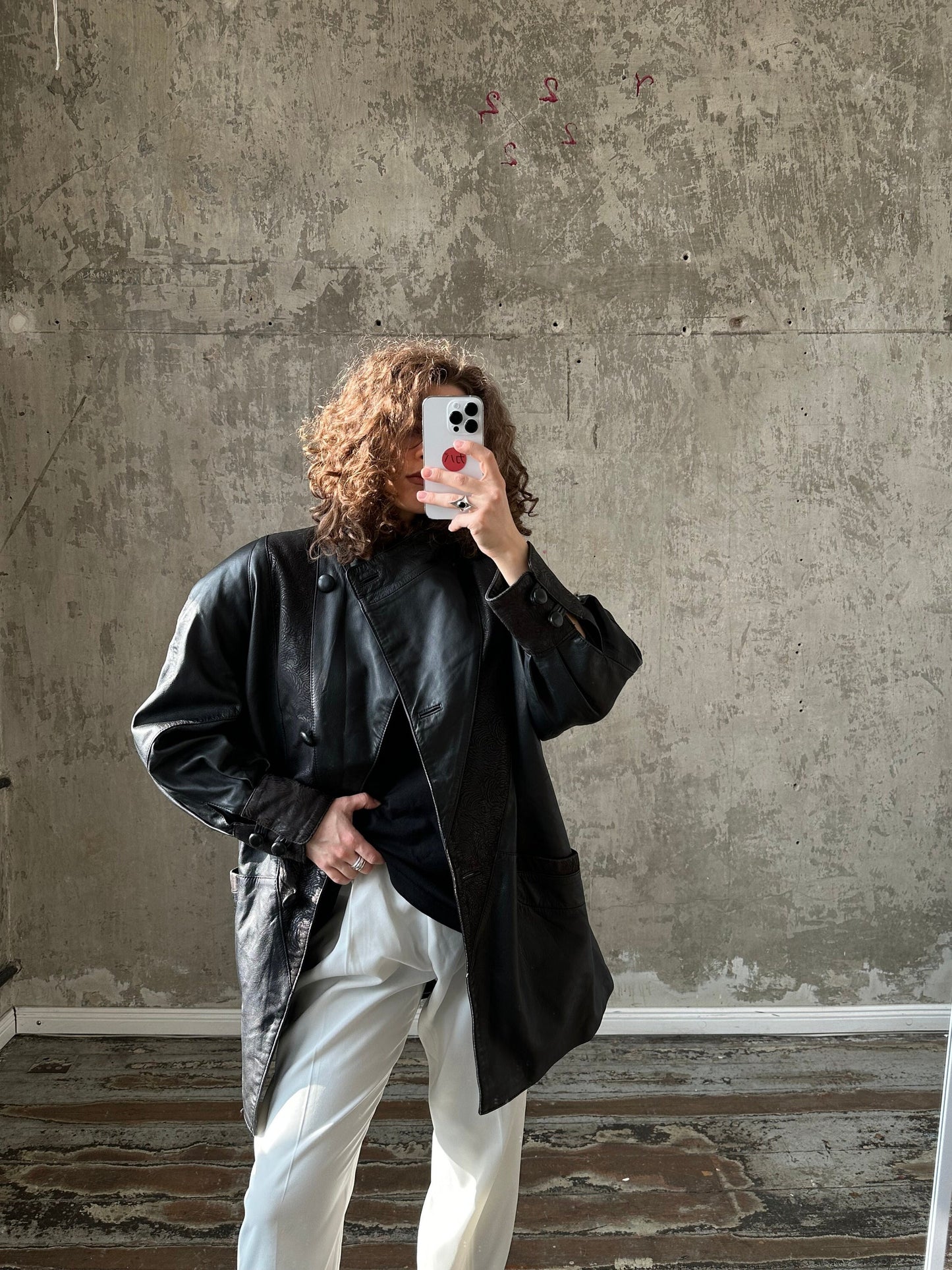 Vintage 90s Black Leather Overcoat with Big Collar, Gender Neutral, Perfect Condition
