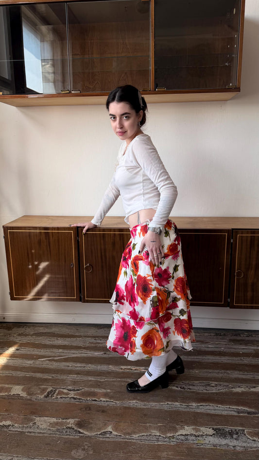 Vintage Marella Silk Floral Midi Skirt, Y2K Italian Bias Cut Slip Skirt (L/XL)
