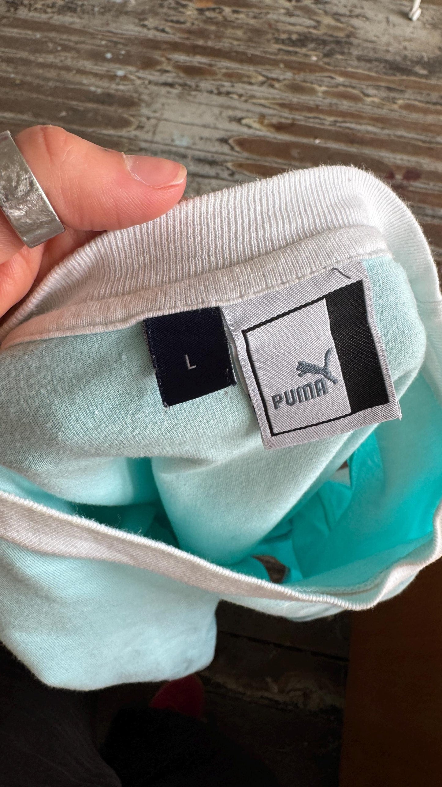 Vintage PUMA micro t-shirt in baby blue with logo
