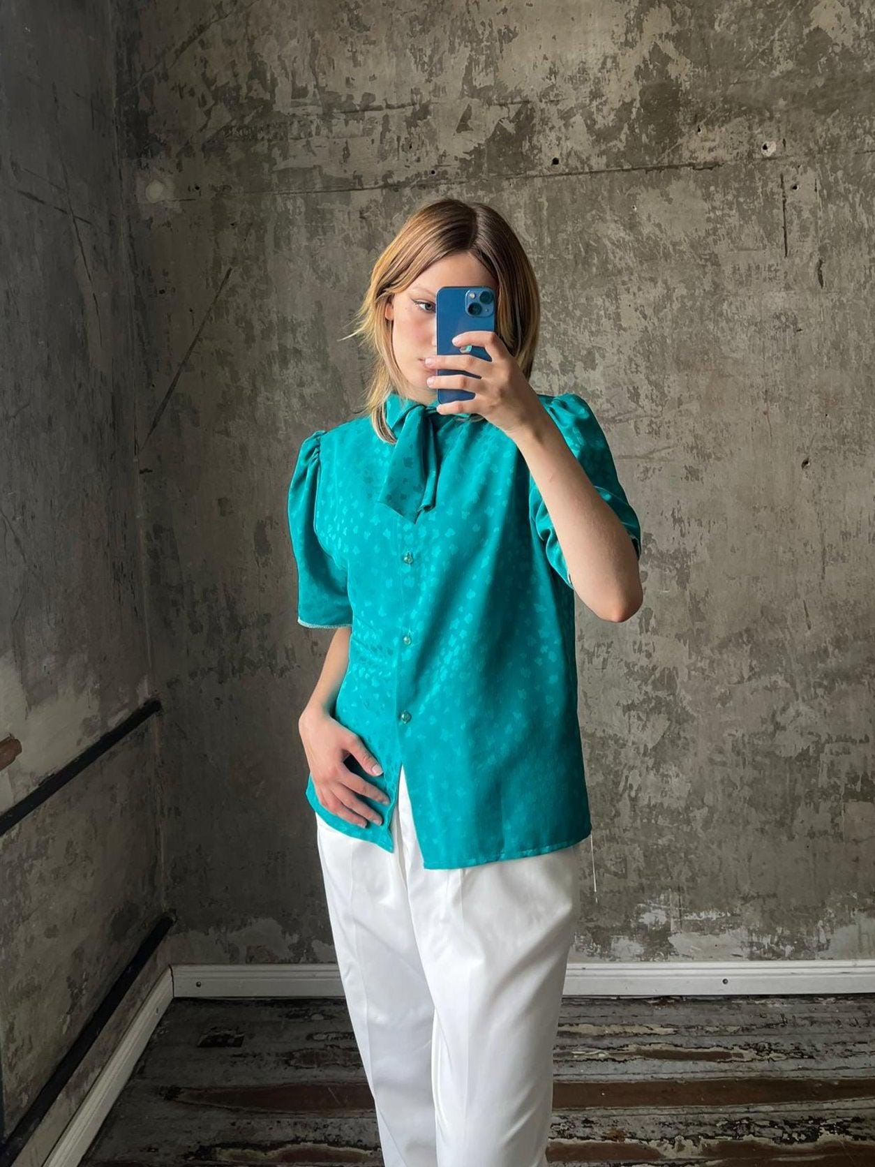 Vintage 80s tie collar blouse in teal blue