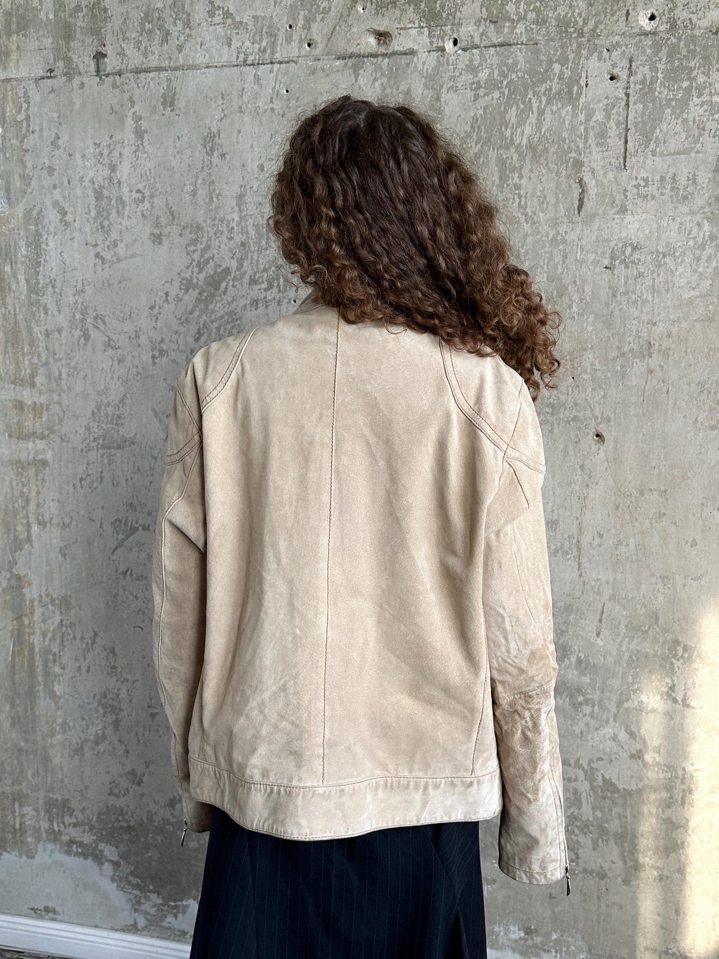 Vintage 90s Beige Suede Leather Moto Jacket