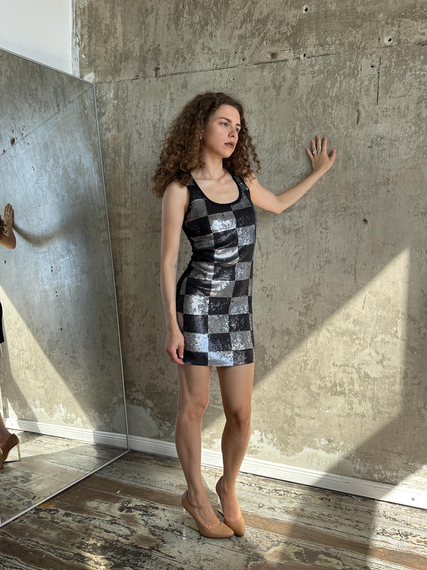 Vintage Silver Black Checkerboard Sequin Mini Dress