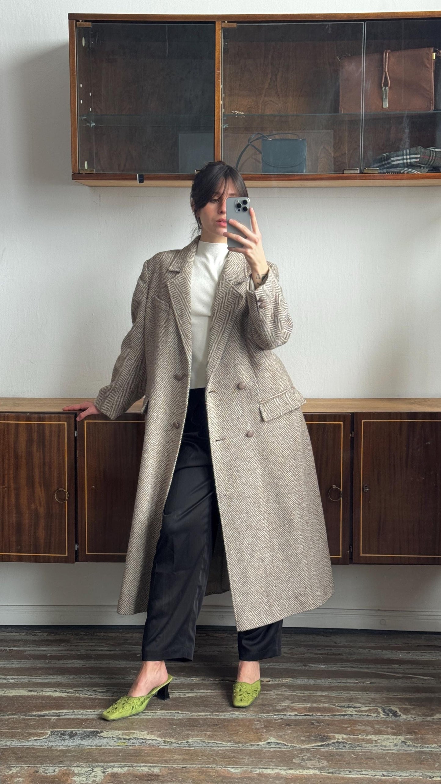 Vintage 90s Maxi Wool Classic Double-Breasted Coat In Beige