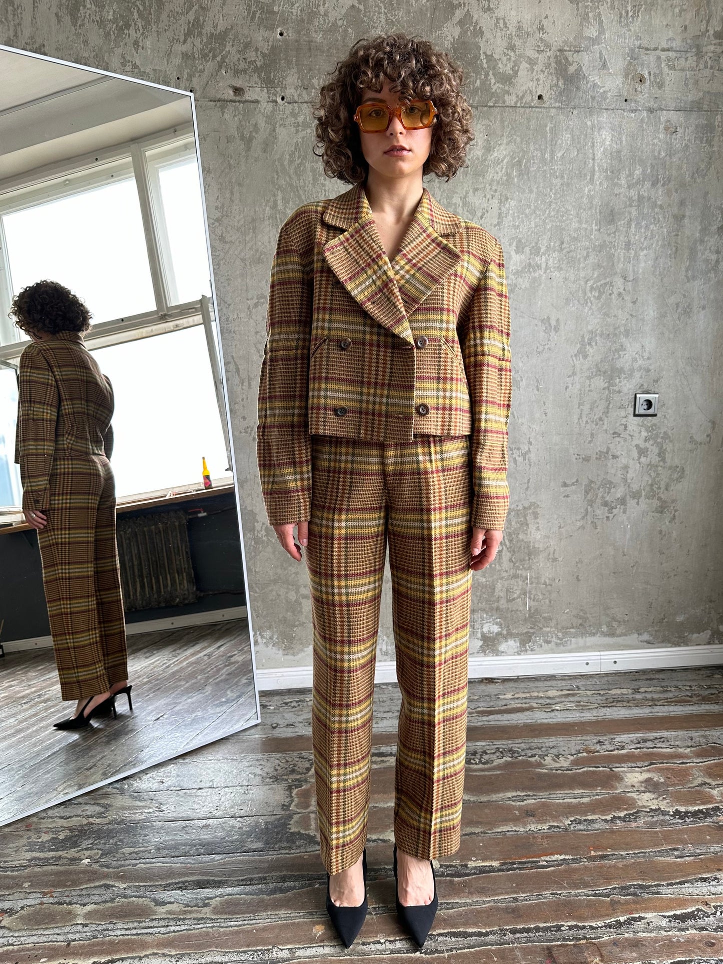 Archive 80s ISSEY MIYAKE SPORT wool check tweed suit in brown