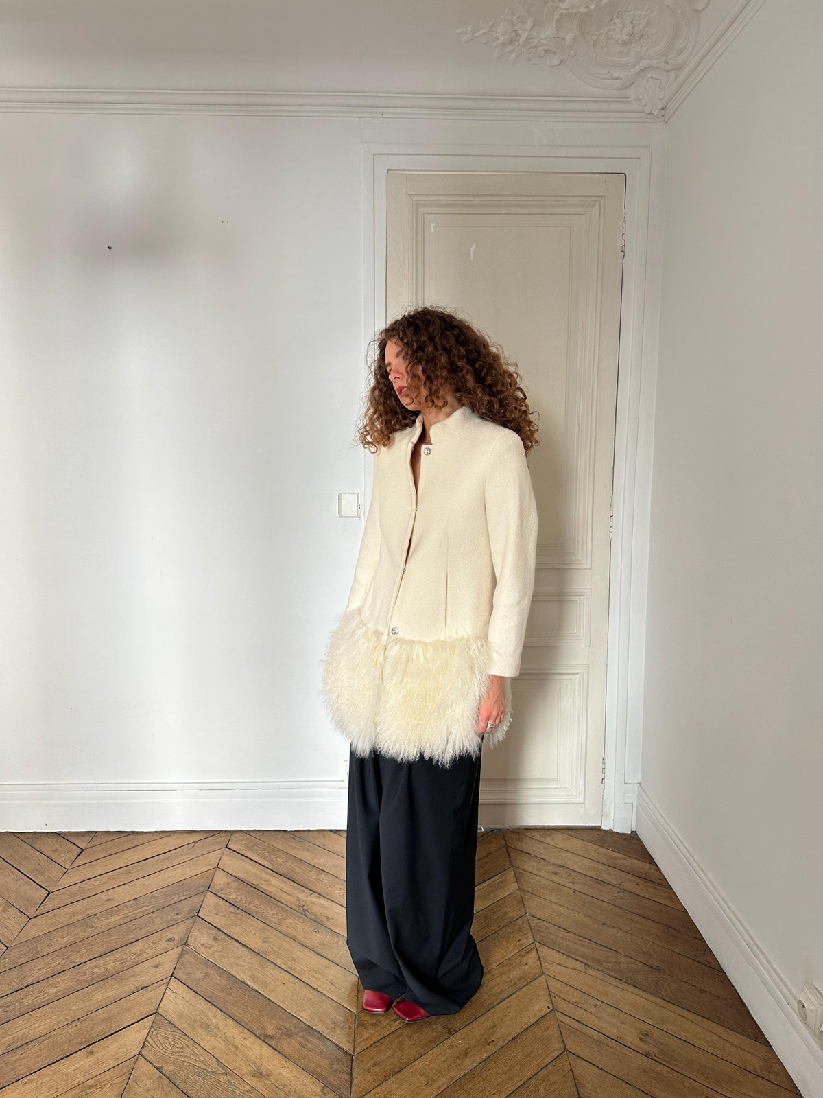 Vintage Boucle Mongolian Fur Hem Coat in Cream