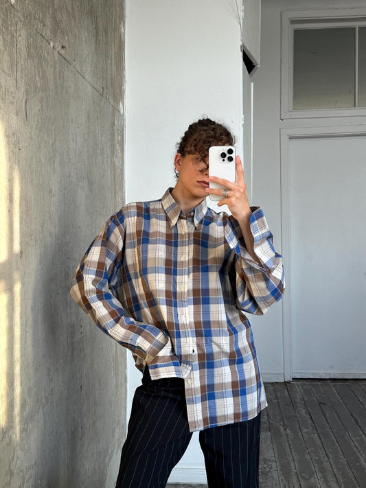 Vintage men's long-sleeve shirt, oversized checked cotton blouse in blue, brown, beige